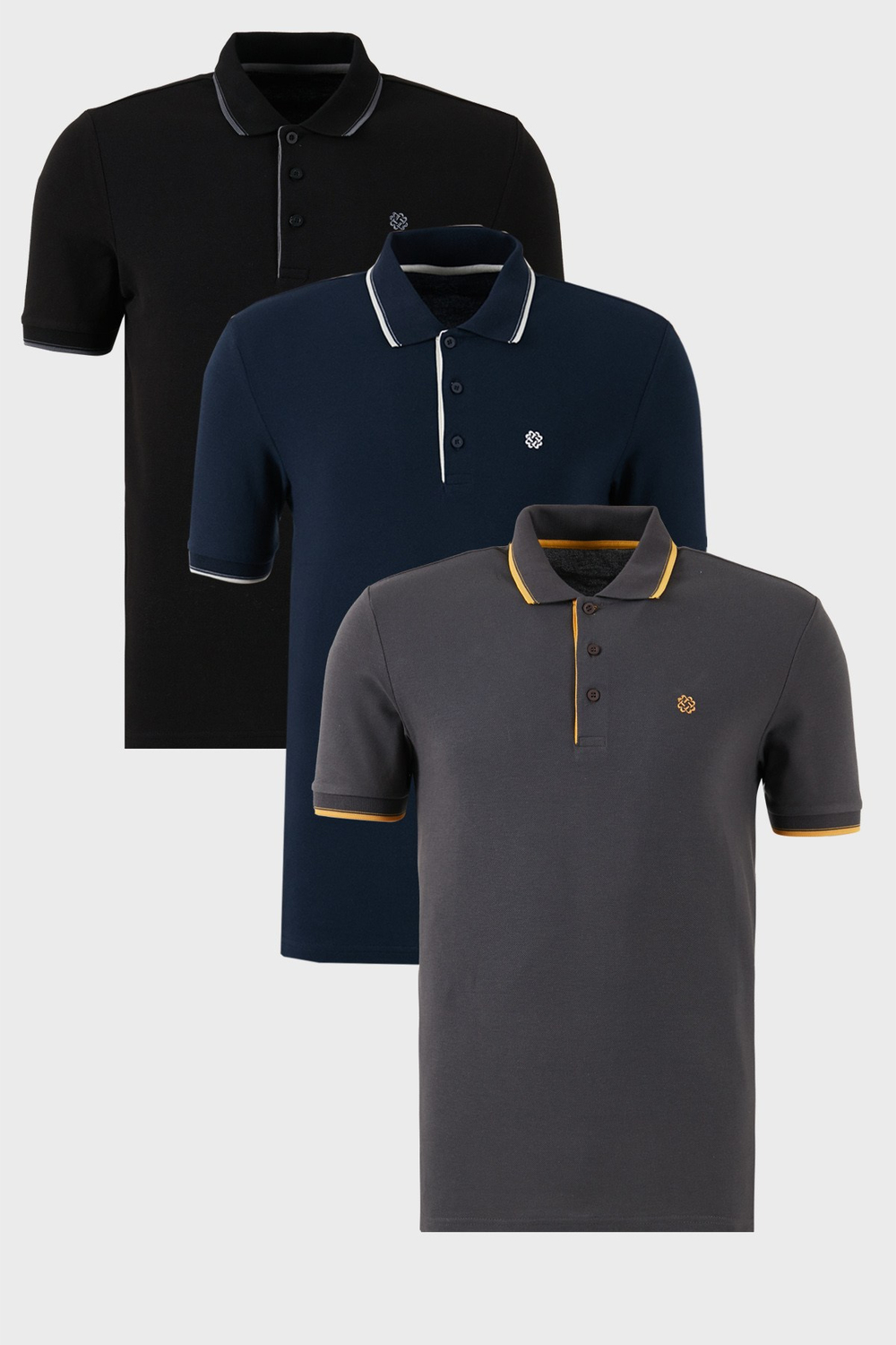Pamuklu Regular Fit Şerit Detaylı Düğmeli Polo Yaka 3lü Paket Erkek T Shirt 5902118S3 Siyah-Antrasit-Lacivert