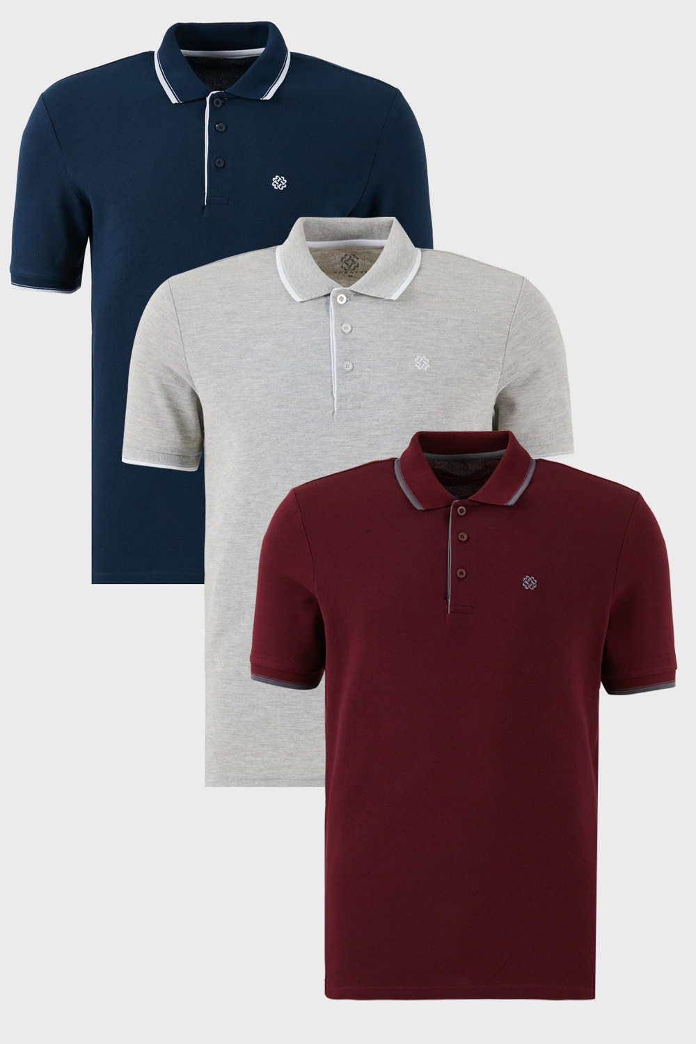 Pamuklu Regular Fit Şerit Detaylı Düğmeli Polo Yaka 3lü Paket Erkek T Shirt 5902118S3 Vişne-Gri Melanj-İndigo
