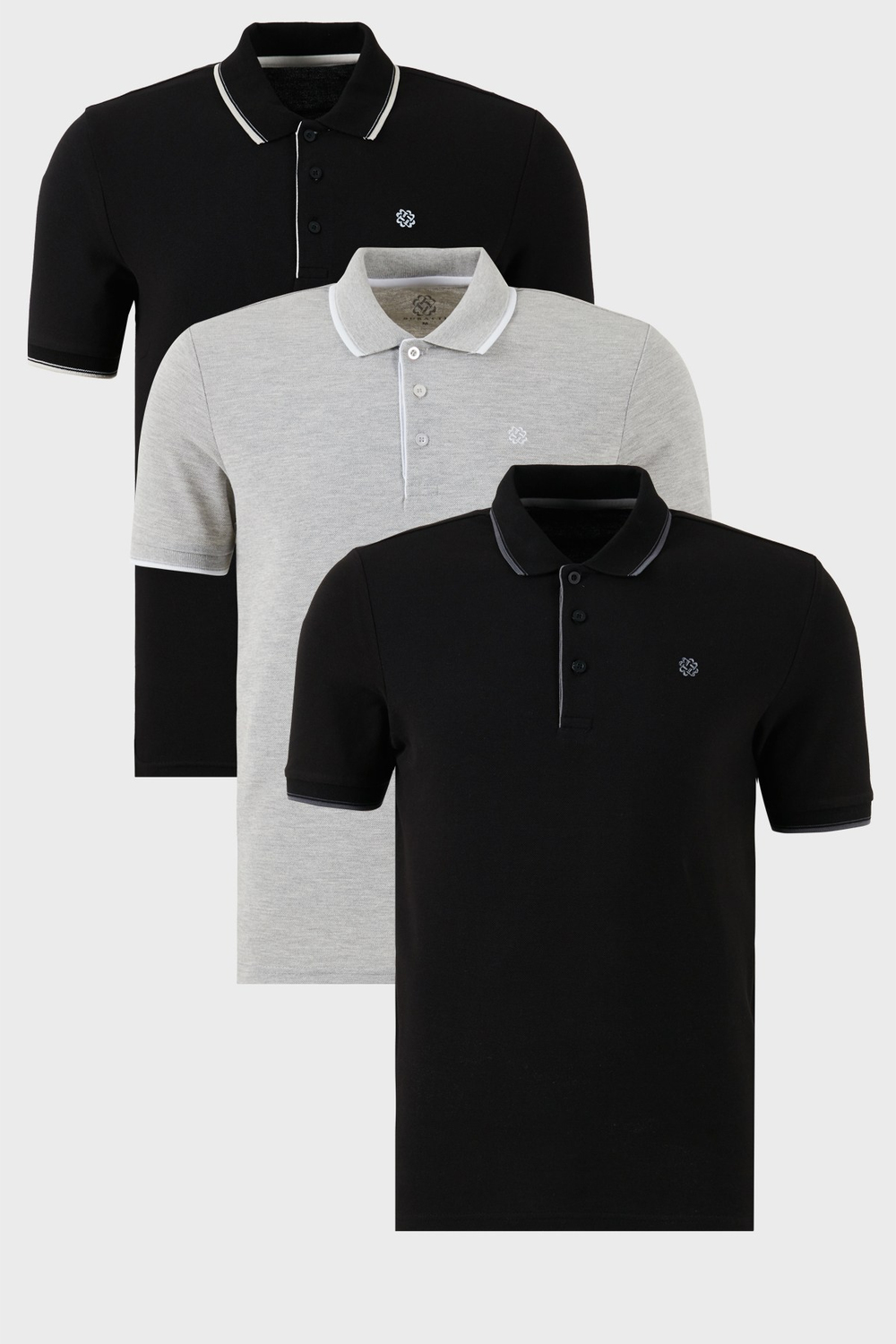 Pamuklu Regular Fit Şerit Detaylı Düğmeli Polo Yaka 3lü Paket Erkek T Shirt 5902118S3 Siyah-Gri Melanj-Siyah-Beyaz