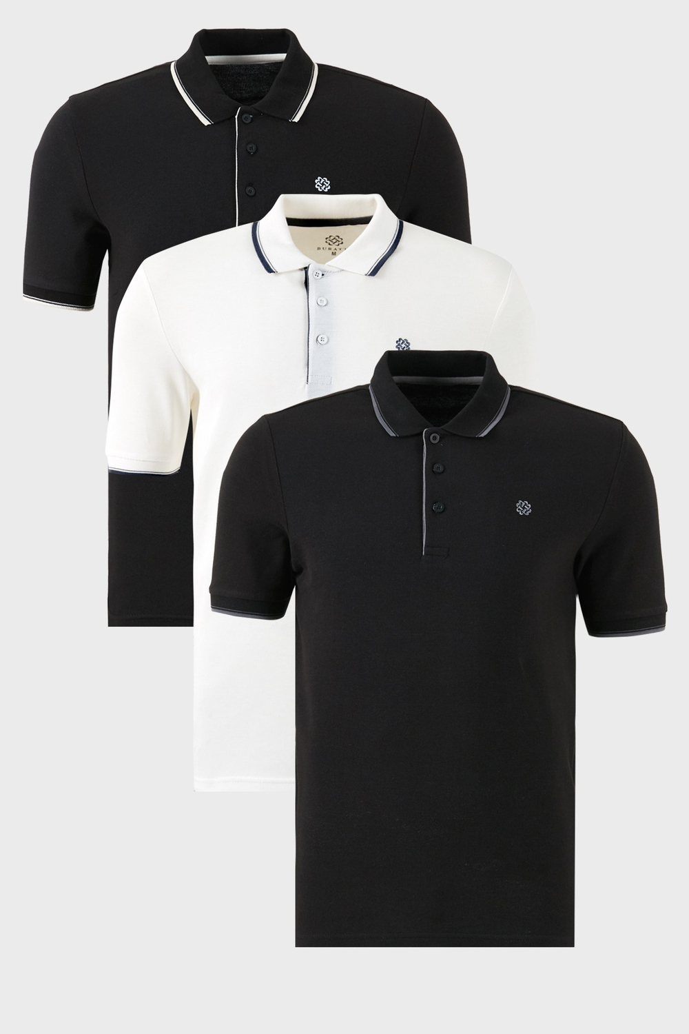 Pamuklu Regular Fit Şerit Detaylı Düğmeli Polo Yaka 3lü Paket Erkek T Shirt 5902118S3 SİYAH-BEYAZ-SİYAHBEYAZ