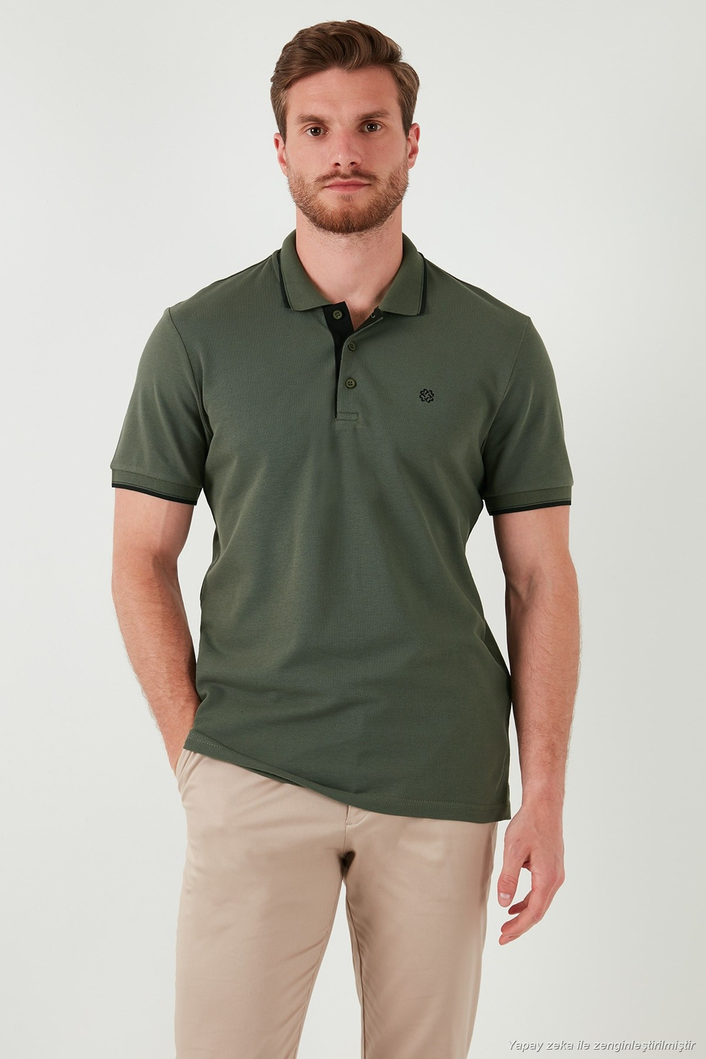 Pamuklu Regular Fit Şerit Detaylı Düğmeli Polo Yaka 3lü Paket Erkek T Shirt 5902118S3 Siyah-Haki-Vizon