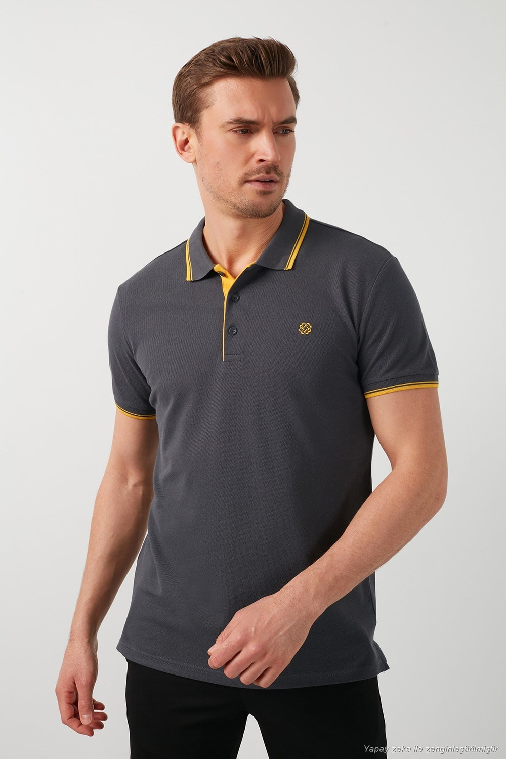 Pamuklu Regular Fit Şerit Detaylı Düğmeli Polo Yaka 3lü Paket Erkek T Shirt 5902118S3 Siyah-Antrasit-Gri Melanj
