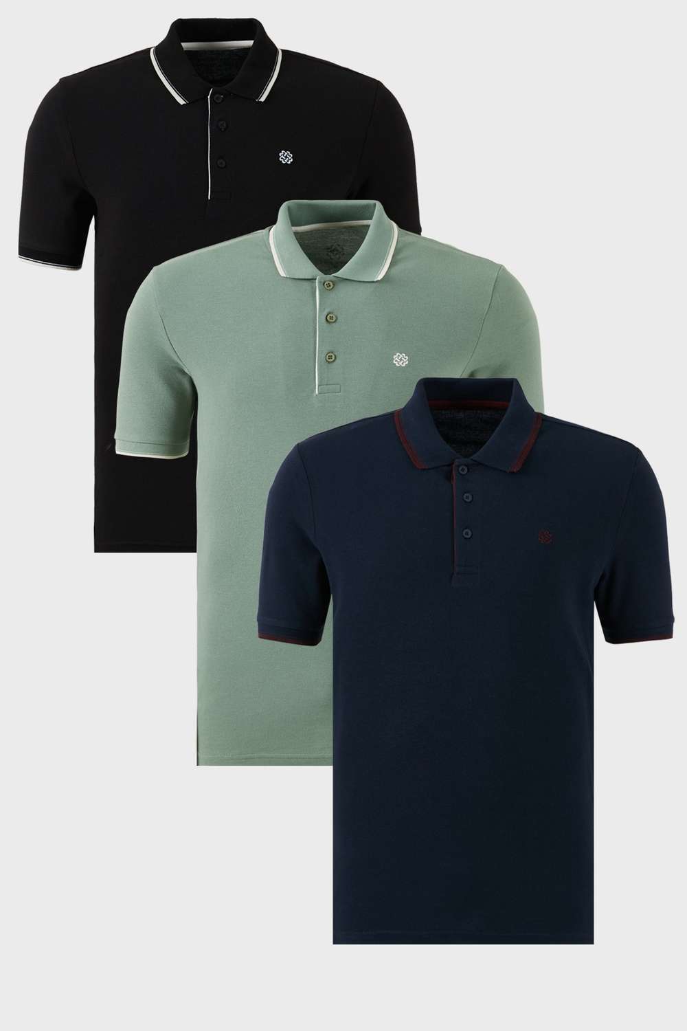 Pamuklu Regular Fit Şerit Detaylı Düğmeli Polo Yaka 3lü Paket Erkek T Shirt 5902118S3 Siyah-Beyaz-Lacivert-Bordo-Elma Yeşili-Beyaz