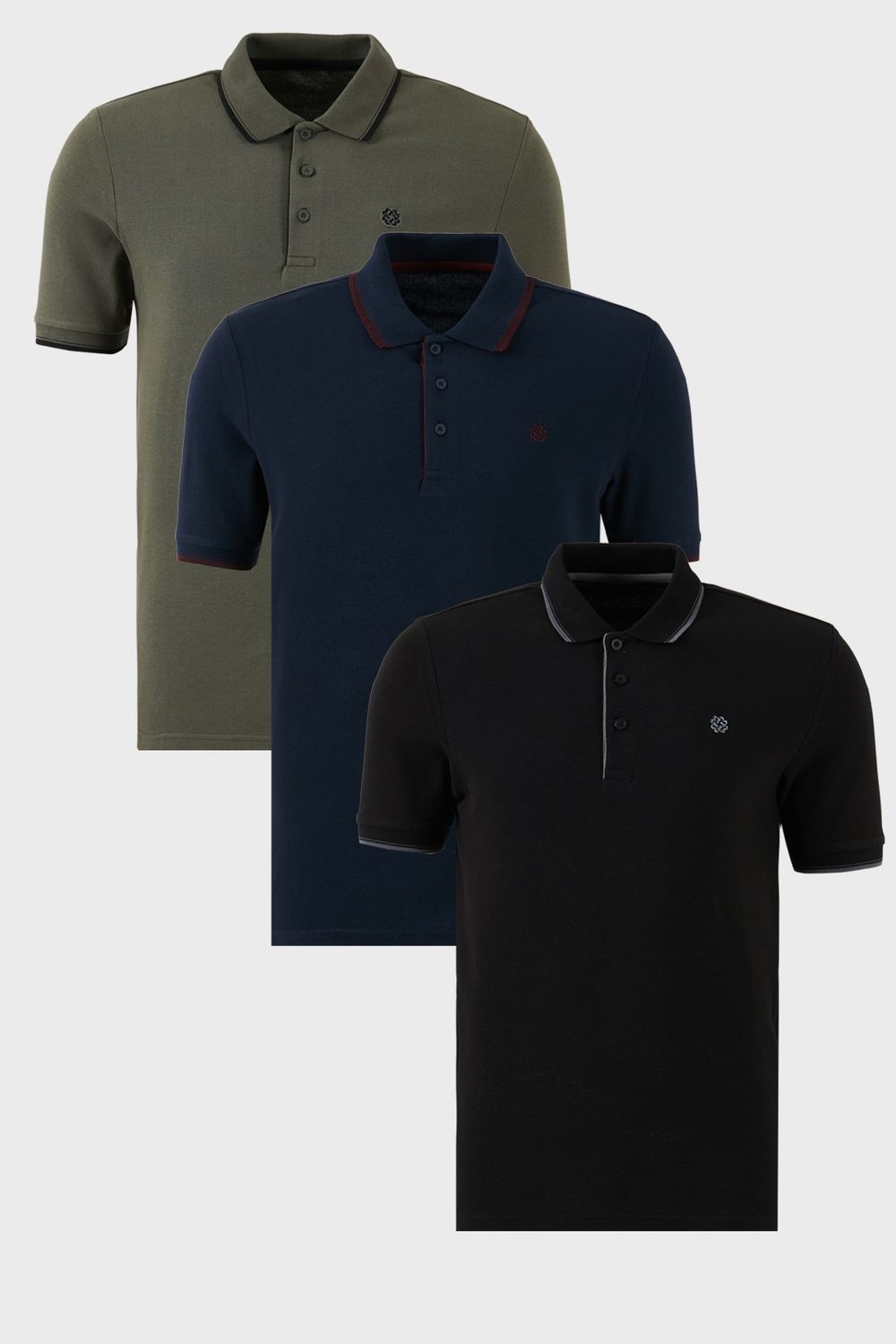 Pamuklu Regular Fit Şerit Detaylı Düğmeli Polo Yaka 3lü Paket Erkek T Shirt 5902118S3 Siyah-Haki-Lacivert-Bordo