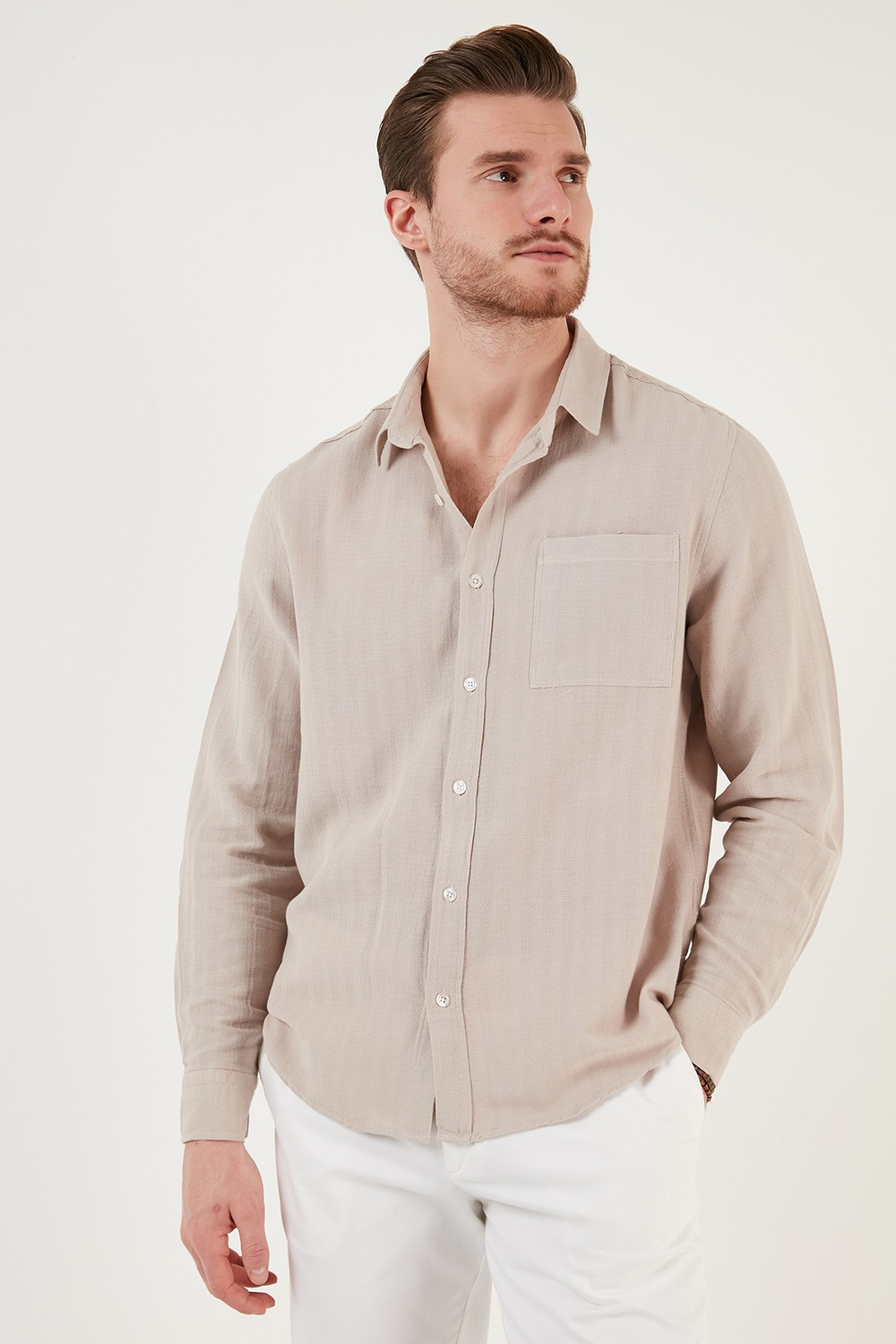 Pamuklu Regular Fit Tek Cepli Erkek Gömlek CF24S128229 TAŞ