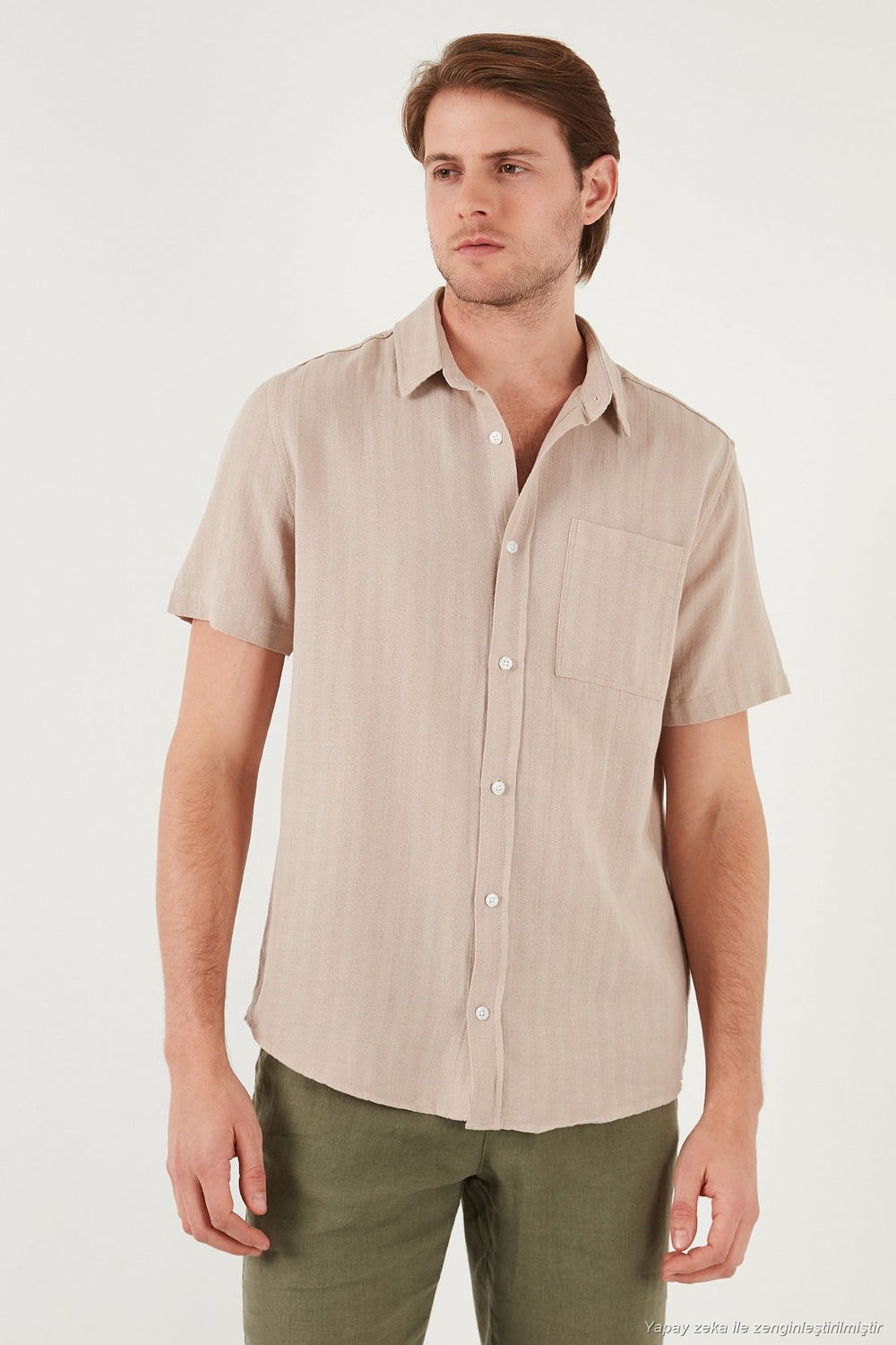 Pamuklu Regular Fit Tek Cepli Kısa Kol Erkek Gömlek CF25S128230 TAŞ