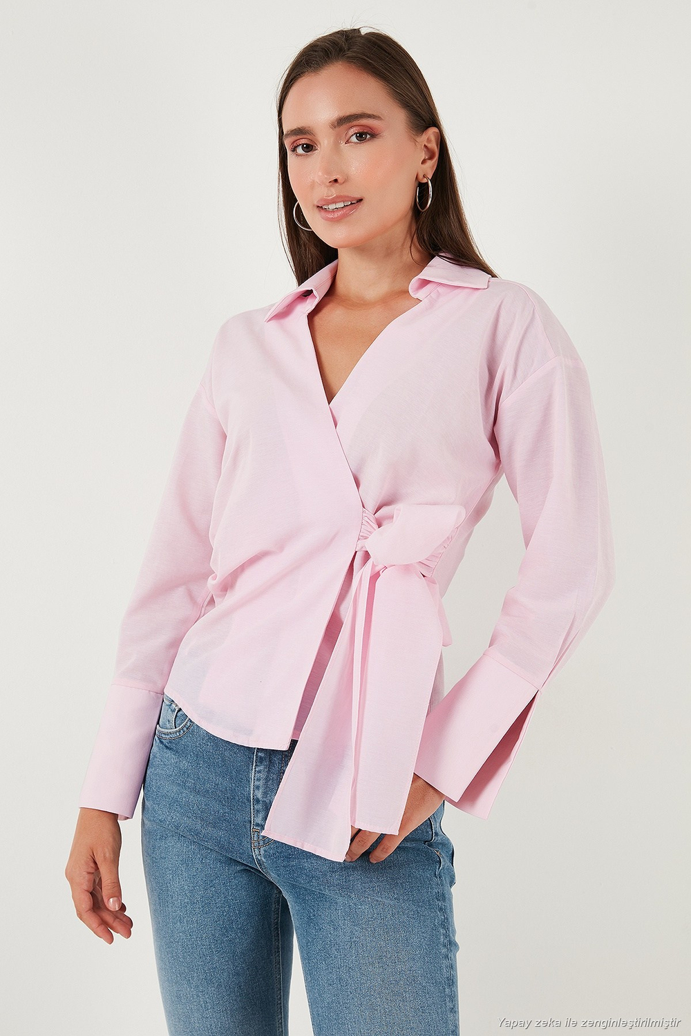 Pamuklu Regular Fit Uzun Kollu Bağlama Detaylı Kadın Gömlek 65200538 PEMBE
