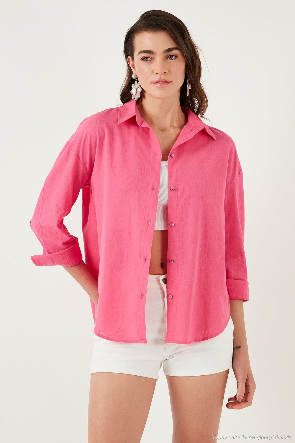 Pamuklu Regular Fit Uzun Kollu Düz Kadın Gömlek CF25S168305 Şeker Pembe