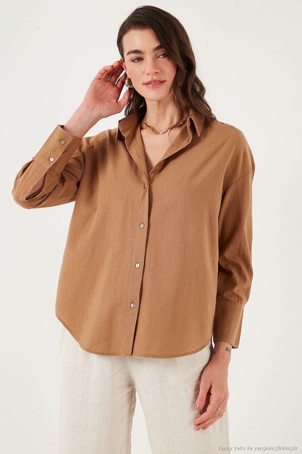 Pamuklu Regular Fit Uzun Kollu Düz Kadın Gömlek CF25S168305 CAMEL