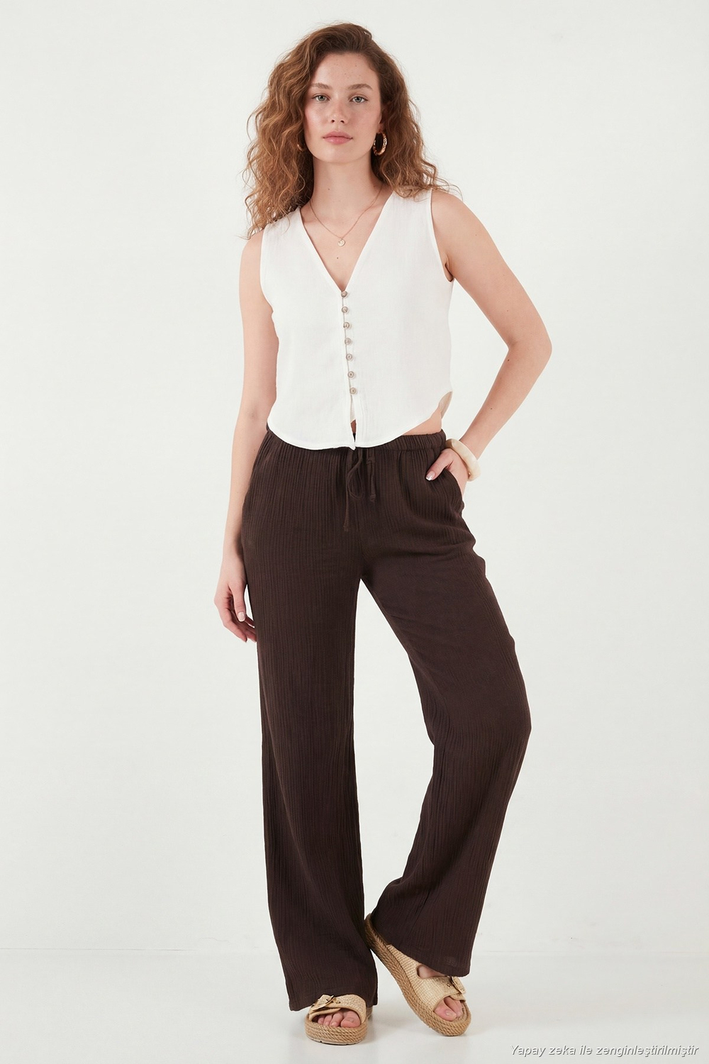 Pamuklu Regular Fit V Yaka Düğme Detaylı Yazlık Bluz Kadın Yelek 5866661 EKRU