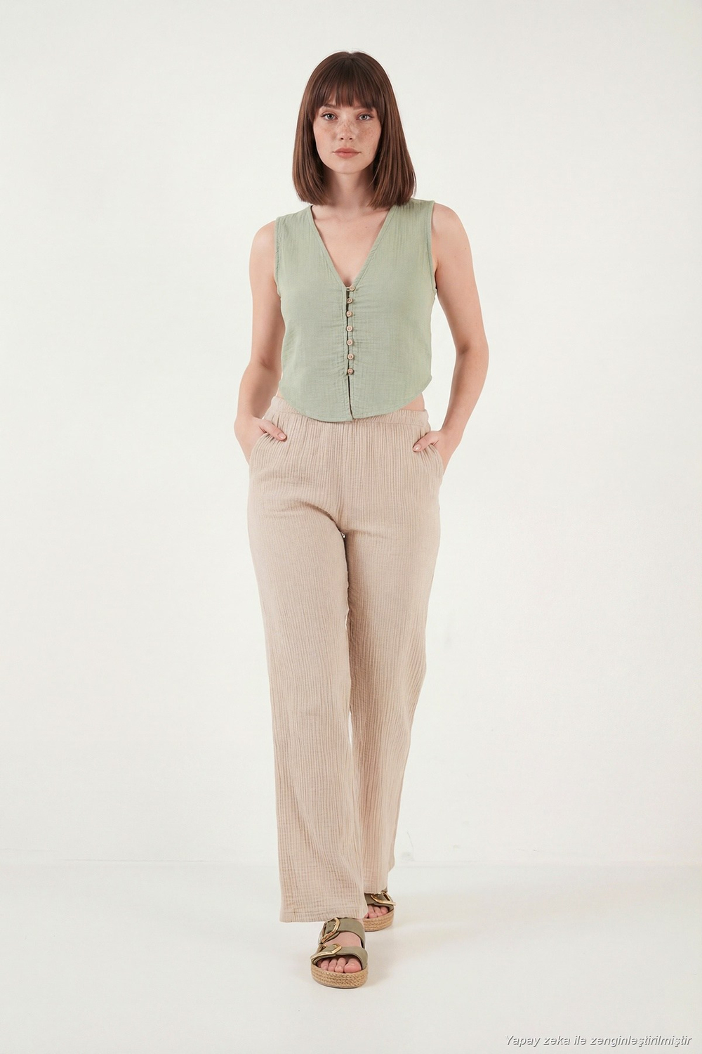 Pamuklu Regular Fit V Yaka Düğme Detaylı Yazlık Bluz Kadın Yelek 5866661 Olive