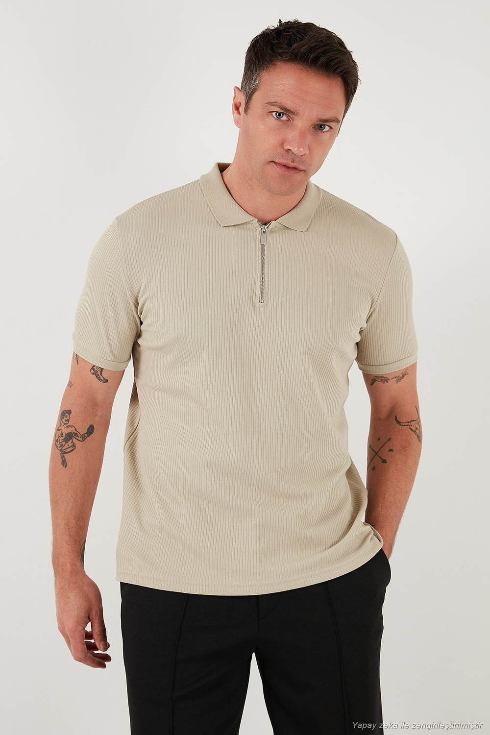 Pamuklu Regular Fit Yarım Fermuarlı 3lü Paket Erkek Polo Yaka T Shirt 5902738S3 Vizon-Açık Haki-İndigo