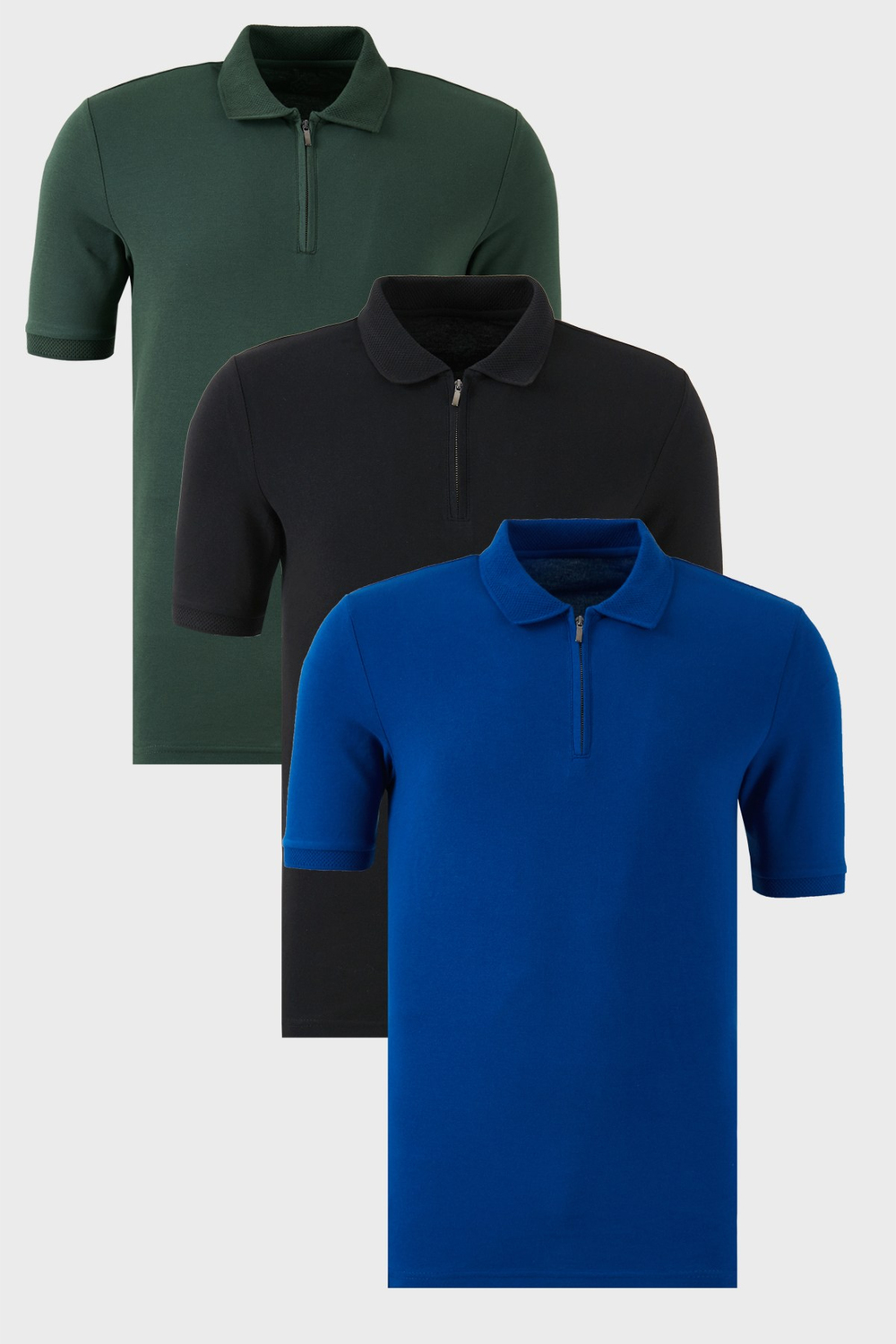 Pamuklu Regular Fit Yarım Fermuarlı 3lü Paket Erkek Polo Yaka T Shirt 5903008S3 Siyah-Nefti-Saks