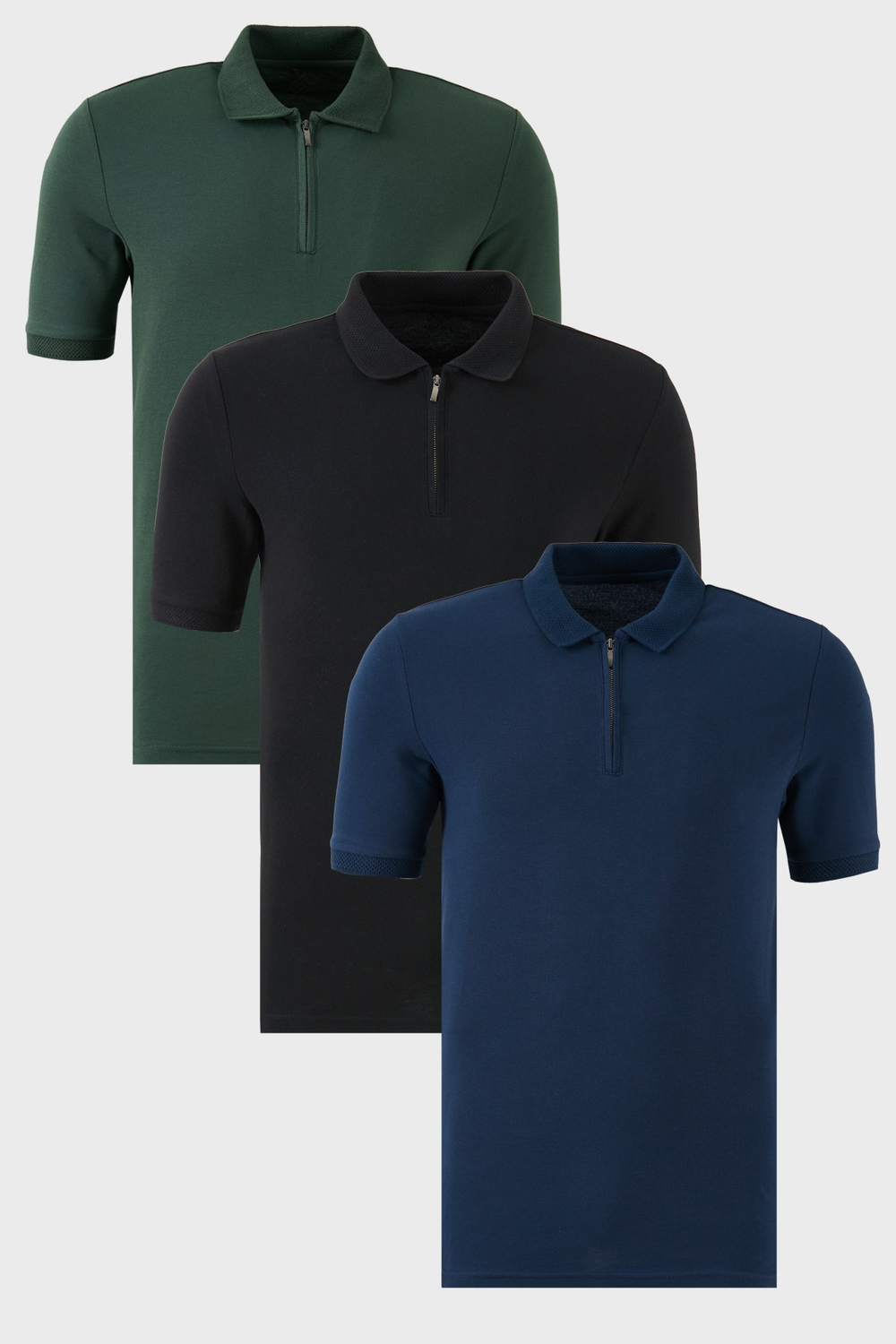 Pamuklu Regular Fit Yarım Fermuarlı 3lü Paket Erkek Polo Yaka T Shirt 5903008S3 Siyah-İndigo-Nefti