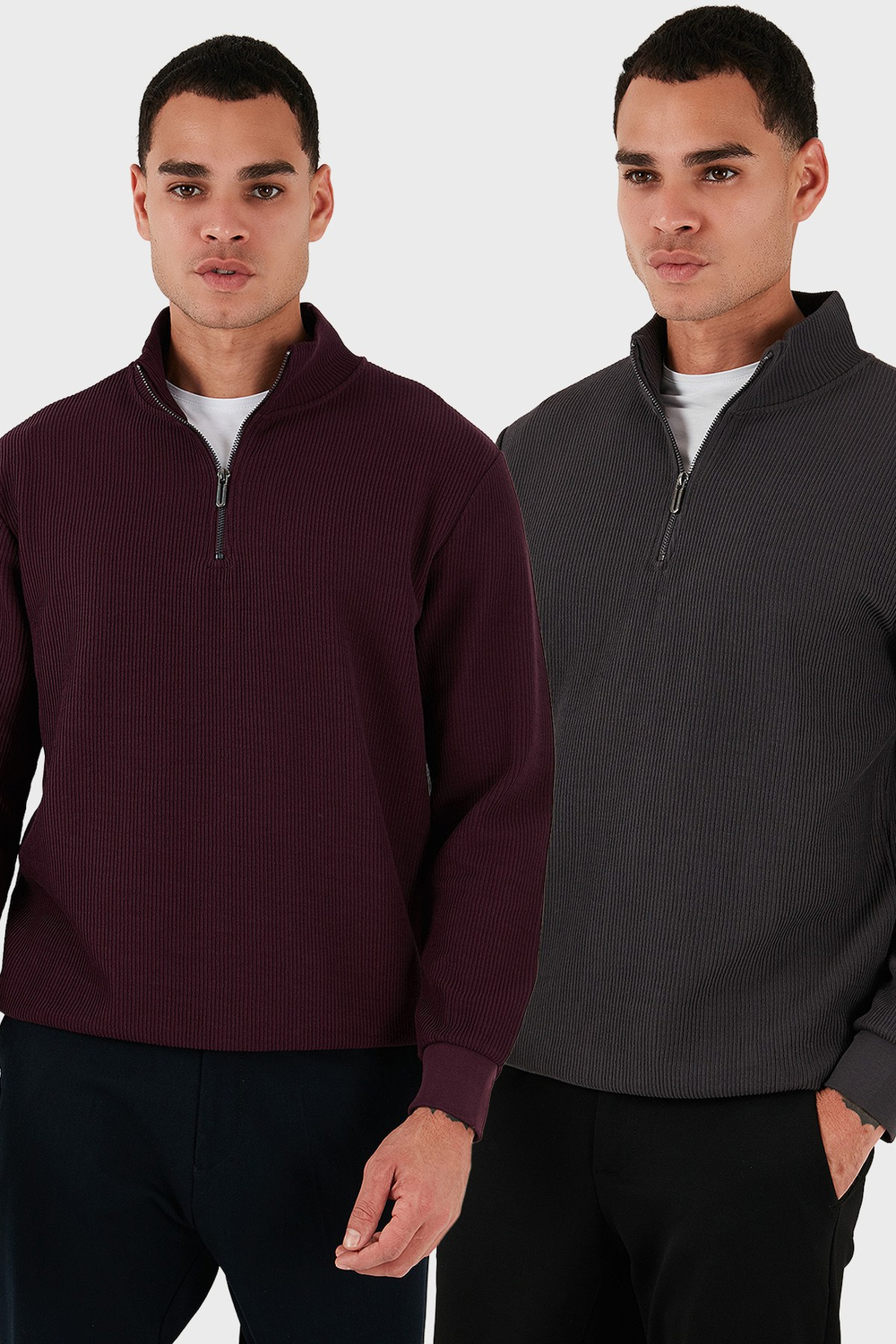 Pamuklu Regular Fit Yarım Fermuarlı Dik Yaka 2li Paket Erkek Sweat 5905716S2 ANTRASİT-VİŞNE