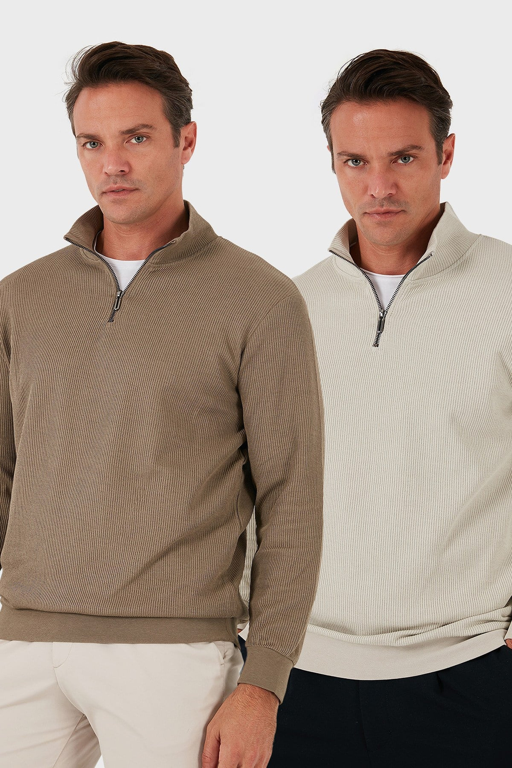 Pamuklu Regular Fit Yarım Fermuarlı Dik Yaka 2li Paket Erkek Sweat 5905716S2 Koyu Vizon-Taş