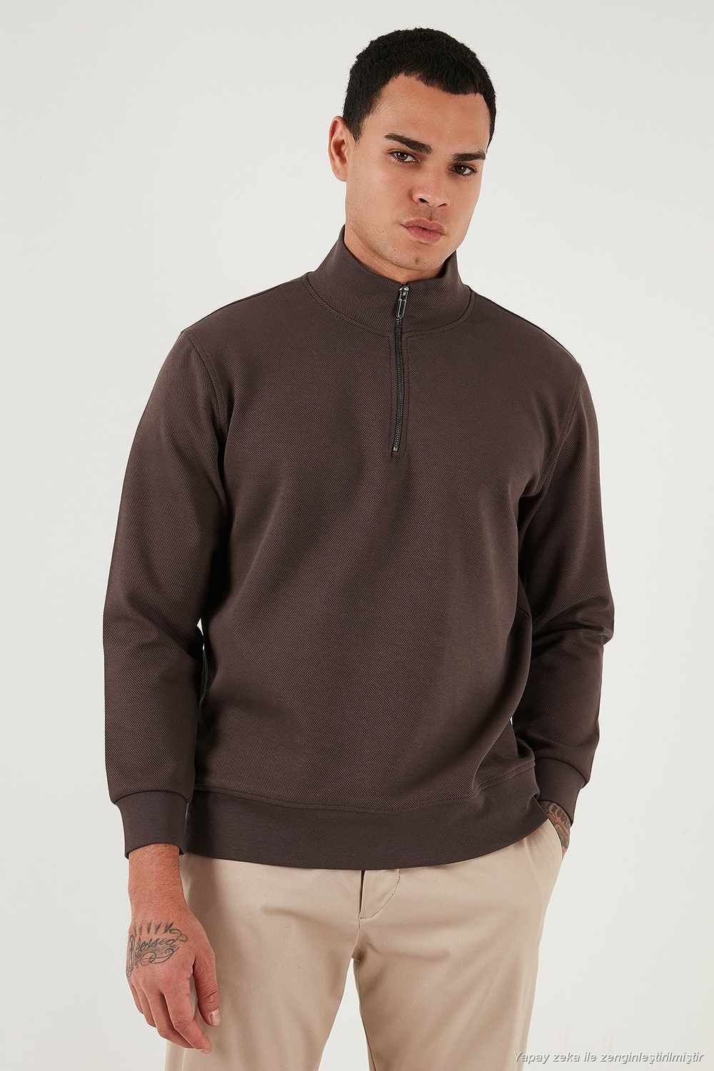 Pamuklu Regular Fit Yarım Fermuarlı Dik Yaka Erkek Sweat 5905470 KOYU KAHVE