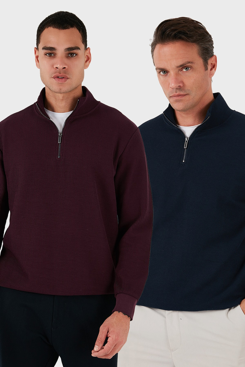Pamuklu Regular Fit Yarım Fermuarlı Dik Yaka 2li Paket Erkek Sweat 5905716S2 Koyu Lacivert-Vişne