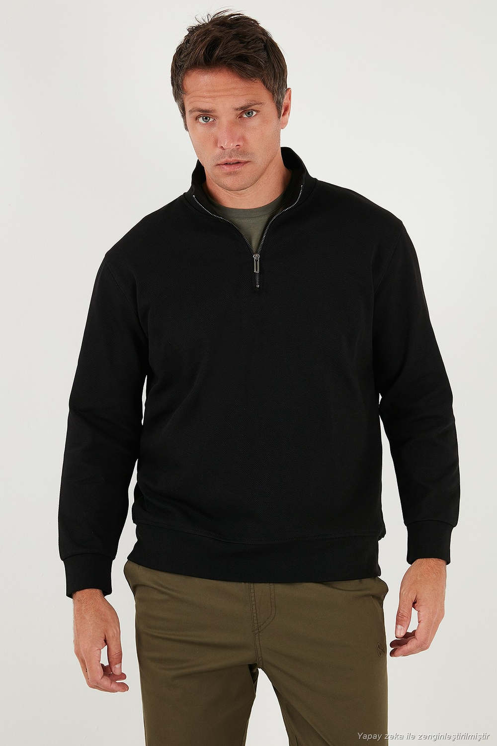 Pamuklu Regular Fit Yarım Fermuarlı Dik Yaka Erkek Sweat 5905470 SİYAH