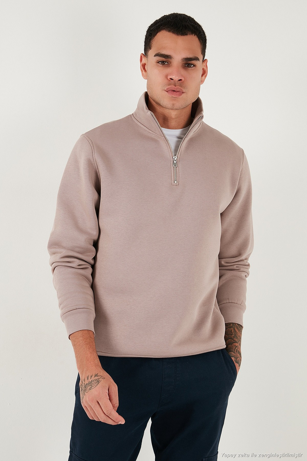 Pamuklu Regular Fit Yarım Fermuarlı Dik Yaka Şardonlu Erkek Sweat 59052592 GÜL