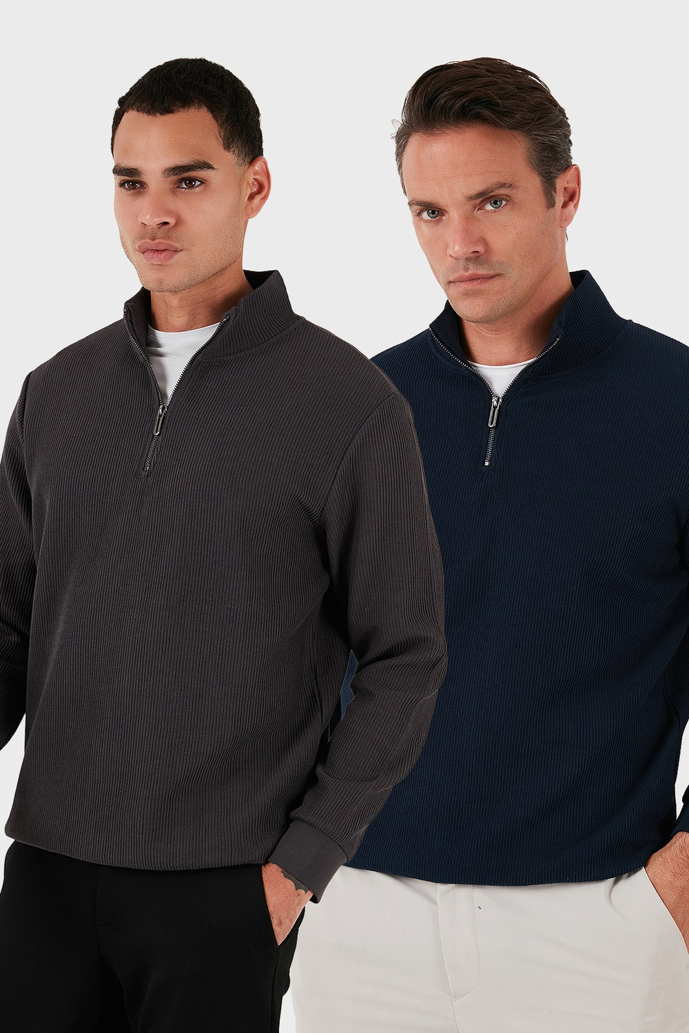 Pamuklu Regular Fit Yarım Fermuarlı Dik Yaka 2li Paket Erkek Sweat 5905716S2 Koyu Lacivert-Antrasit