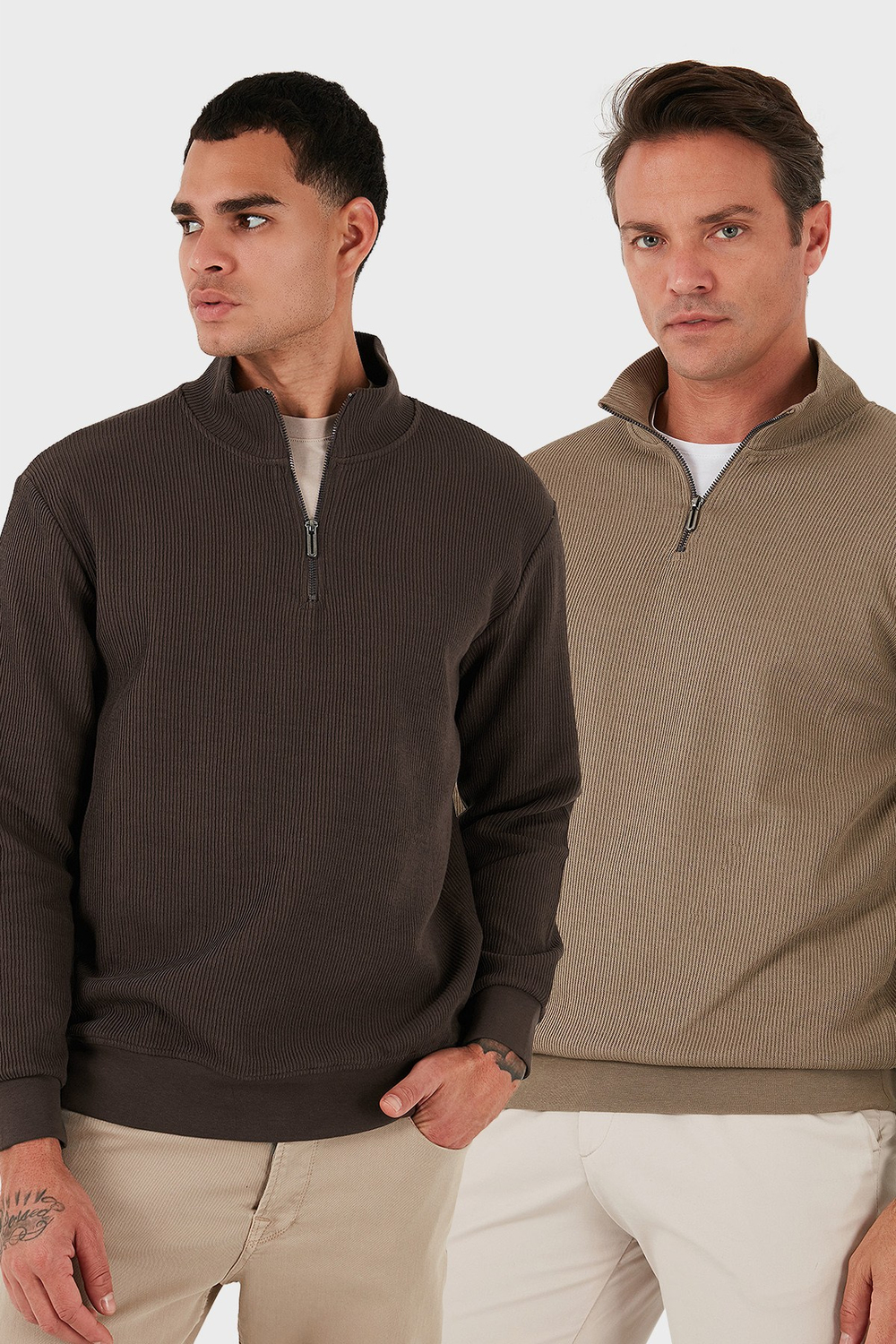 Pamuklu Regular Fit Yarım Fermuarlı Dik Yaka 2li Paket Erkek Sweat 5905716S2 Koyu Vizon-Koyu Kahve