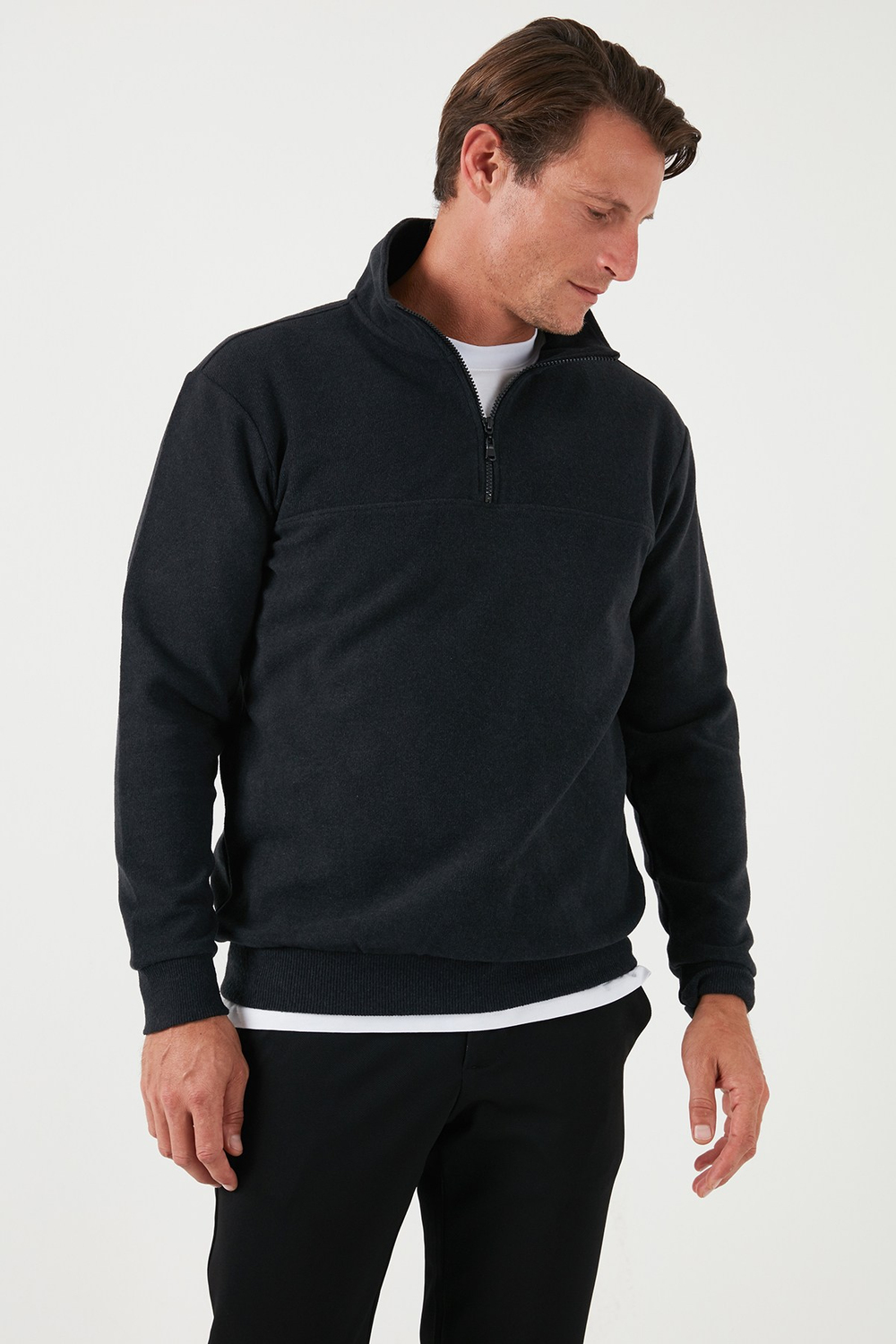 Pamuklu Regular Fit Yarım Fermuarlı Dik Yaka Erkek Kazak 456112 ANTRASİT