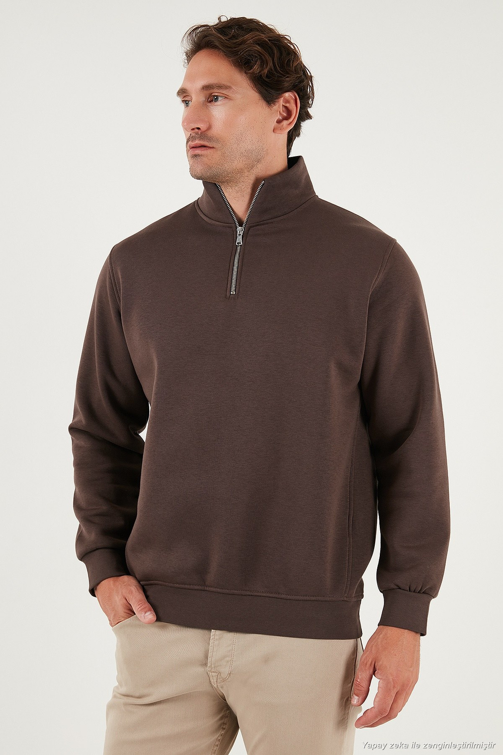 Pamuklu Regular Fit Yarım Fermuarlı Dik Yaka Şardonlu Erkek Sweat 59052592 KOYU KAHVE