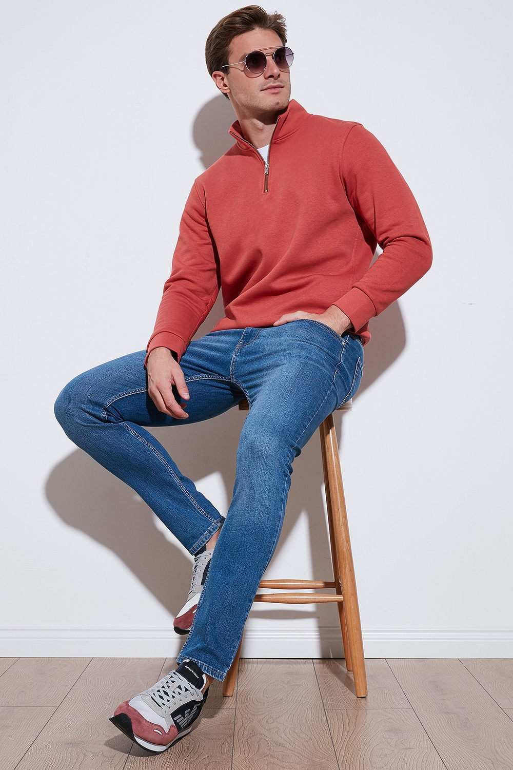 Pamuklu Regular Fit Yarım Fermuarlı Dik Yaka Şardonlu Erkek Sweat 59052592 KİREMİT