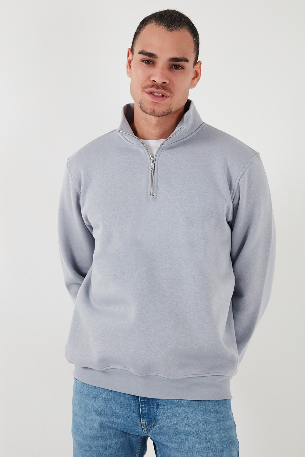 Pamuklu Regular Fit Yarım Fermuarlı Dik Yaka Şardonlu Erkek Sweat 59052592 AÇIK GRİ