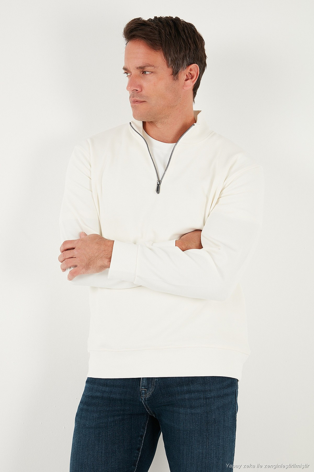 Pamuklu Regular Fit Yarım Fermuarlı Dik Yaka Erkek Sweat 5905470 EKRU