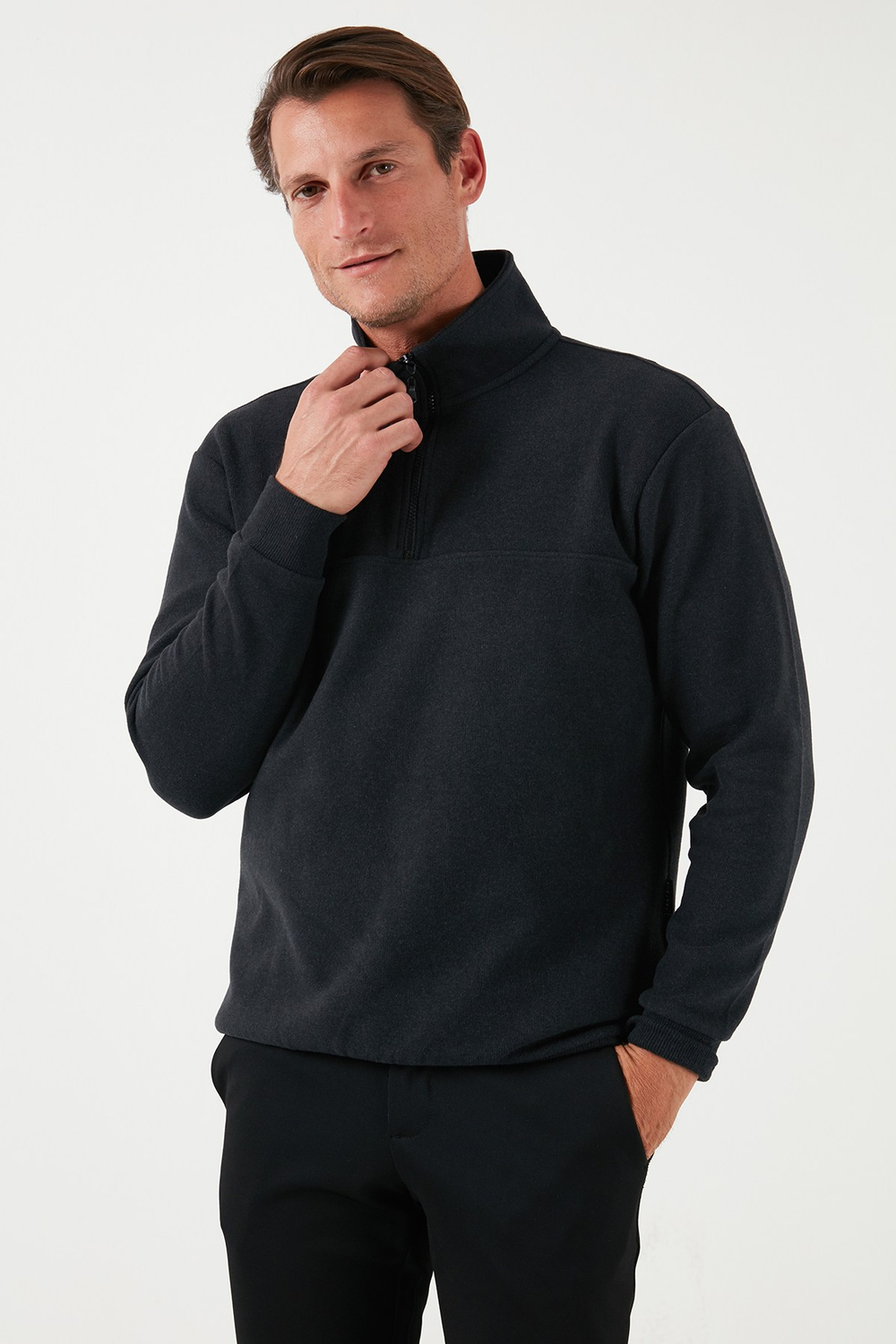 Pamuklu Regular Fit Yarım Fermuarlı Dik Yaka Erkek Kazak 456112 ANTRASİT