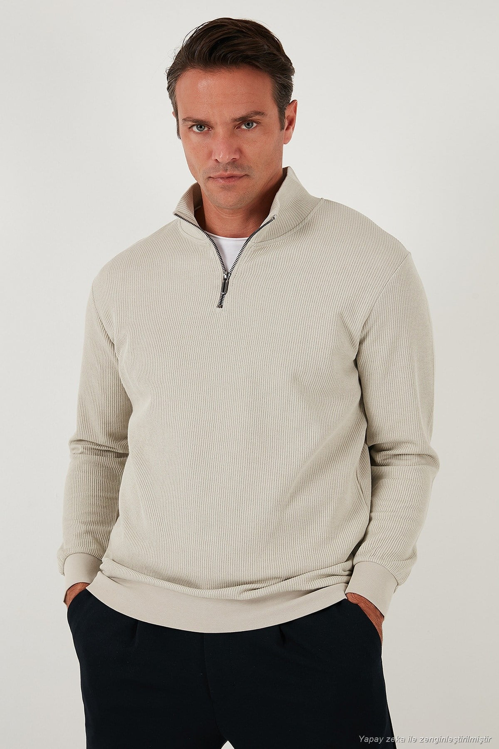 Pamuklu Regular Fit Yarım Fermuarlı Dik Yaka 2li Paket Erkek Sweat 5905716S2 EKRU-TAŞ