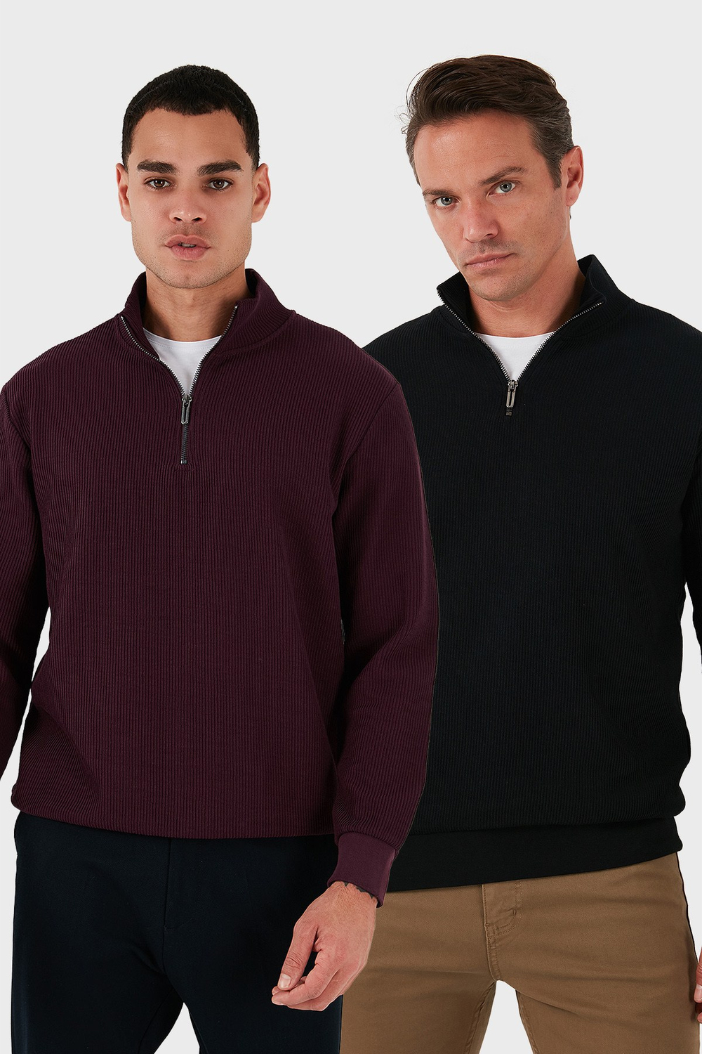 Pamuklu Regular Fit Yarım Fermuarlı Dik Yaka 2li Paket Erkek Sweat 5905716S2 VİŞNE-SİYAH