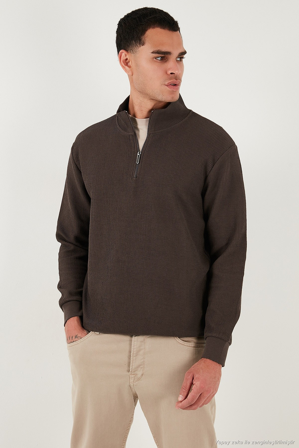 Pamuklu Regular Fit Yarım Fermuarlı Dik Yaka 2li Paket Erkek Sweat 5905716S2 Koyu Vizon-Koyu Kahve