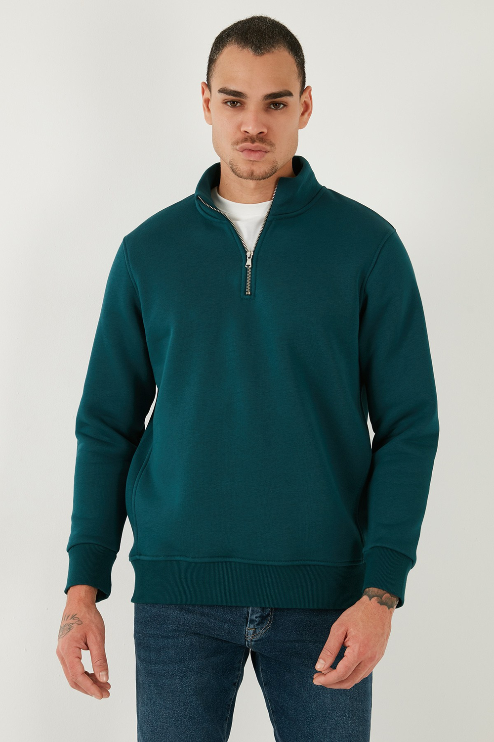Pamuklu Regular Fit Yarım Fermuarlı Dik Yaka Şardonlu Erkek Sweat 59052592 PETROL