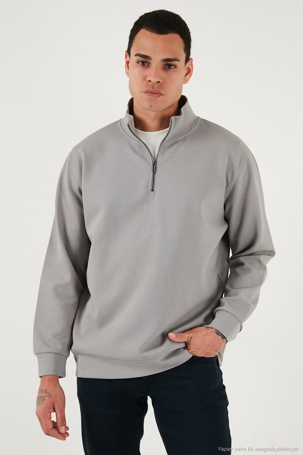 Pamuklu Regular Fit Yarım Fermuarlı Dik Yaka Erkek Sweat 5905470 GRİ