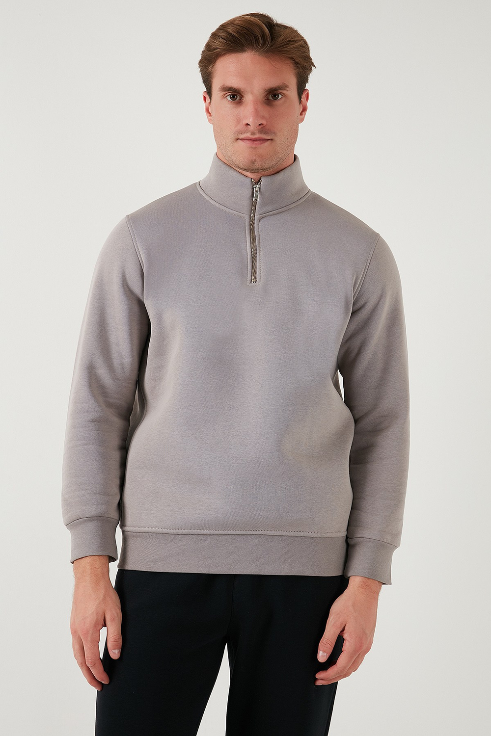 Pamuklu Regular Fit Yarım Fermuarlı Dik Yaka Şardonlu Erkek Sweat 59052592 Kül