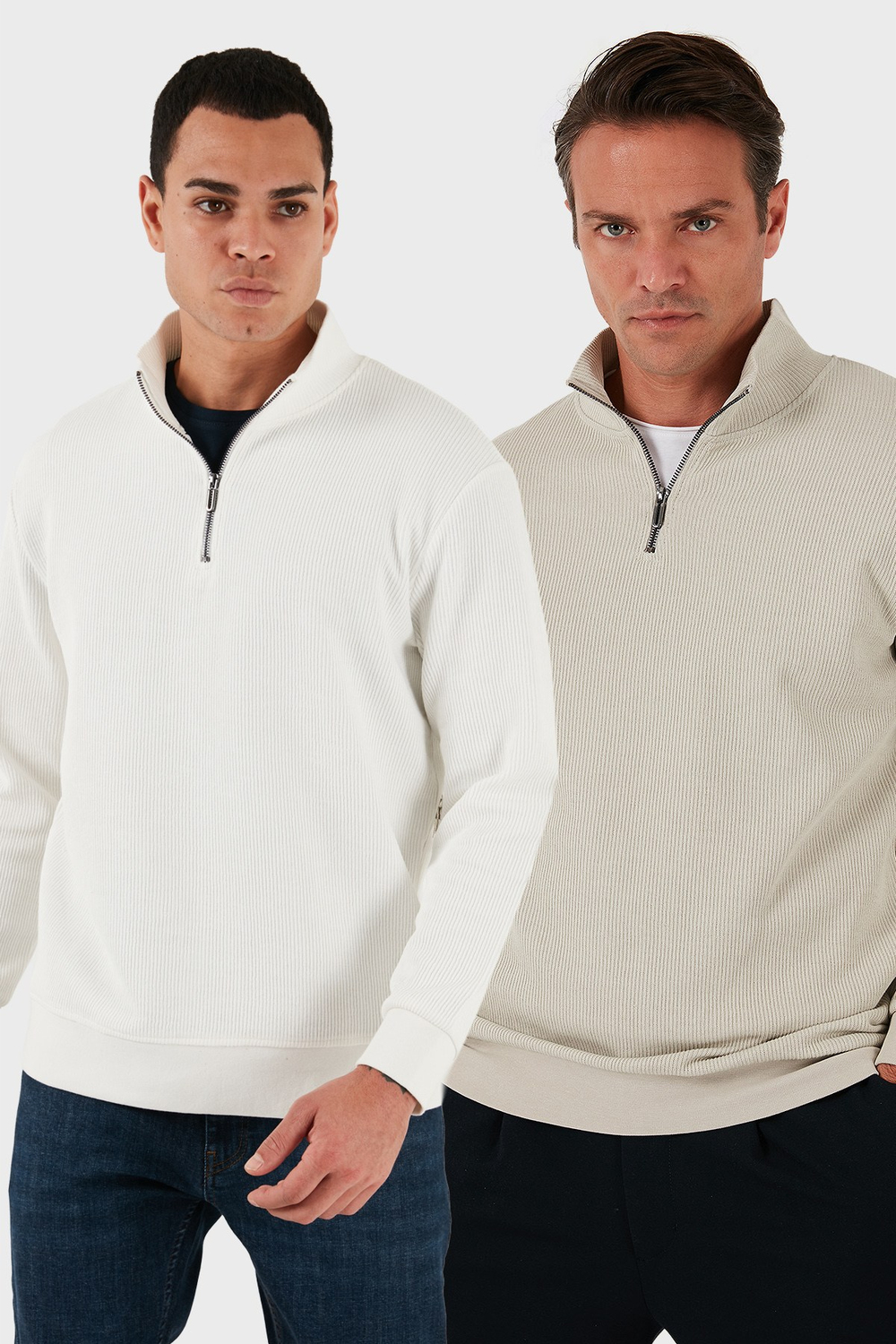 Pamuklu Regular Fit Yarım Fermuarlı Dik Yaka 2li Paket Erkek Sweat 5905716S2 EKRU-TAŞ