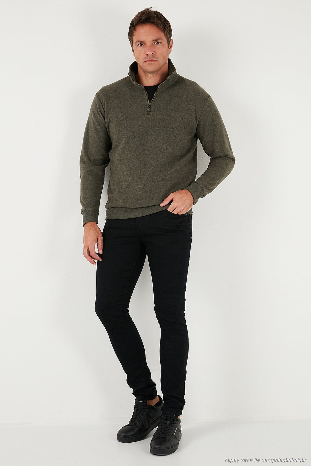 Pamuklu Regular Fit Yarım Fermuarlı Dik Yaka Erkek Kazak 456112 HAKİ