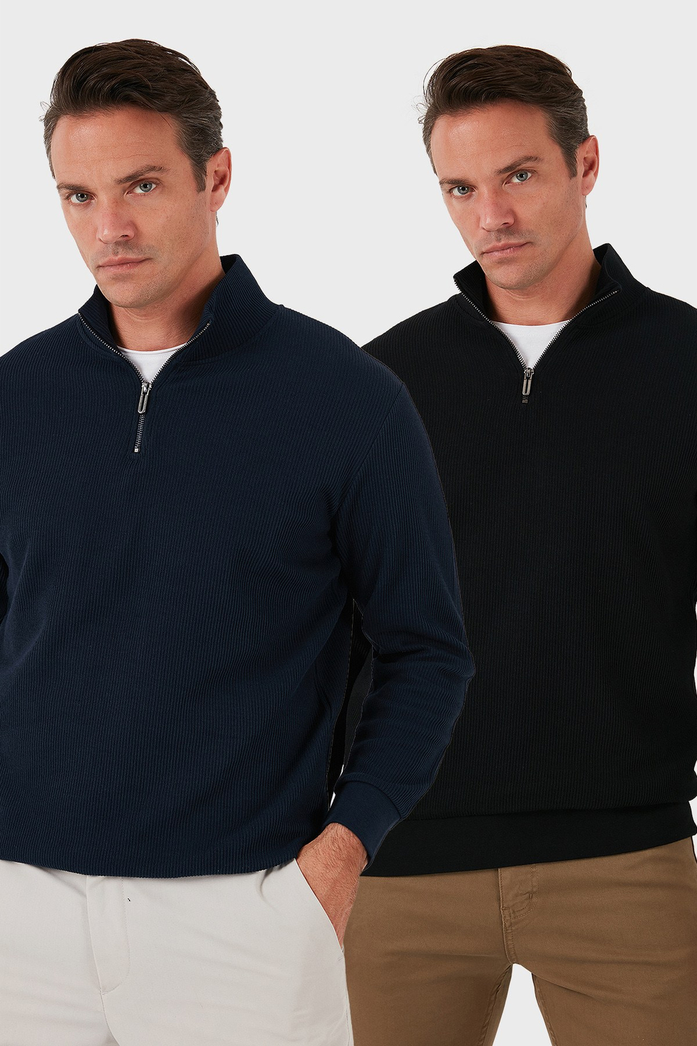 Pamuklu Regular Fit Yarım Fermuarlı Dik Yaka 2li Paket Erkek Sweat 5905716S2 Koyu Lacivert-Siyah
