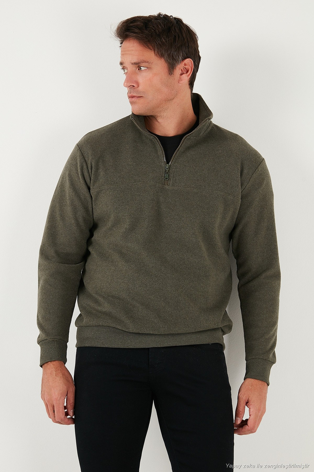 Pamuklu Regular Fit Yarım Fermuarlı Dik Yaka Erkek Kazak 456112 HAKİ