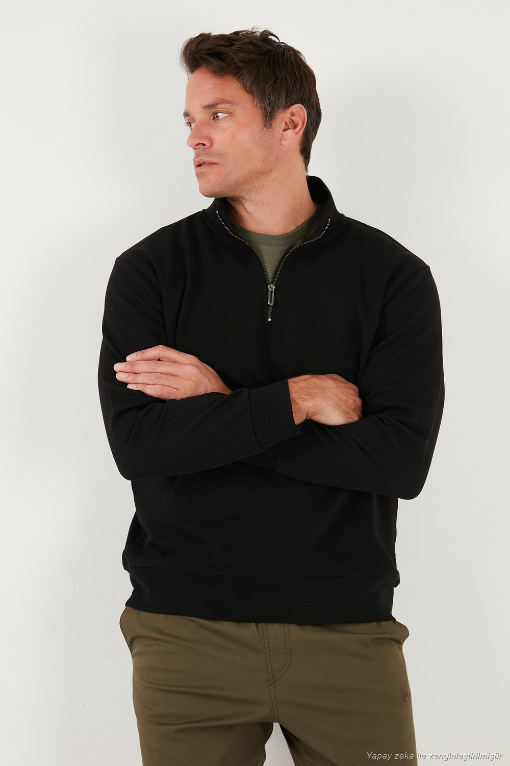 Pamuklu Regular Fit Yarım Fermuarlı Dik Yaka Erkek Sweat 5905470 SİYAH