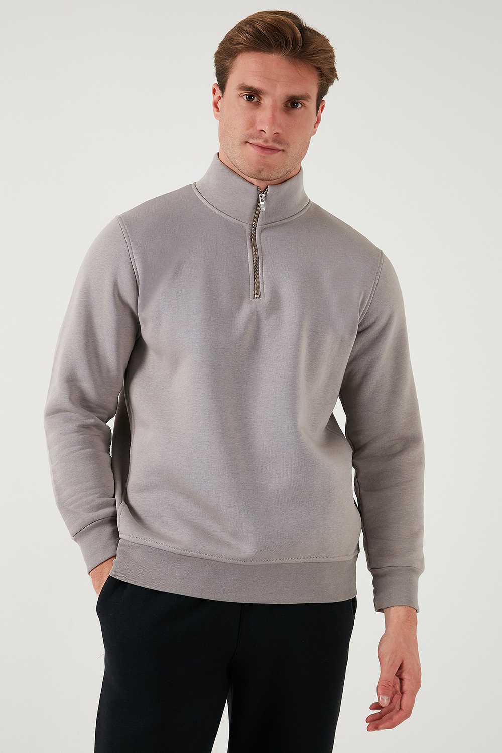 Pamuklu Regular Fit Yarım Fermuarlı Dik Yaka Şardonlu Erkek Sweat 59052592 Kül
