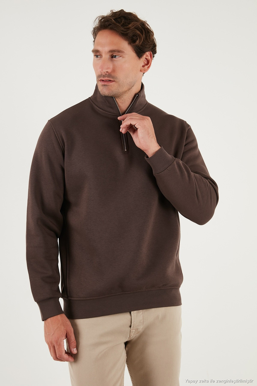 Pamuklu Regular Fit Yarım Fermuarlı Dik Yaka Şardonlu Erkek Sweat 59052592 KOYU KAHVE
