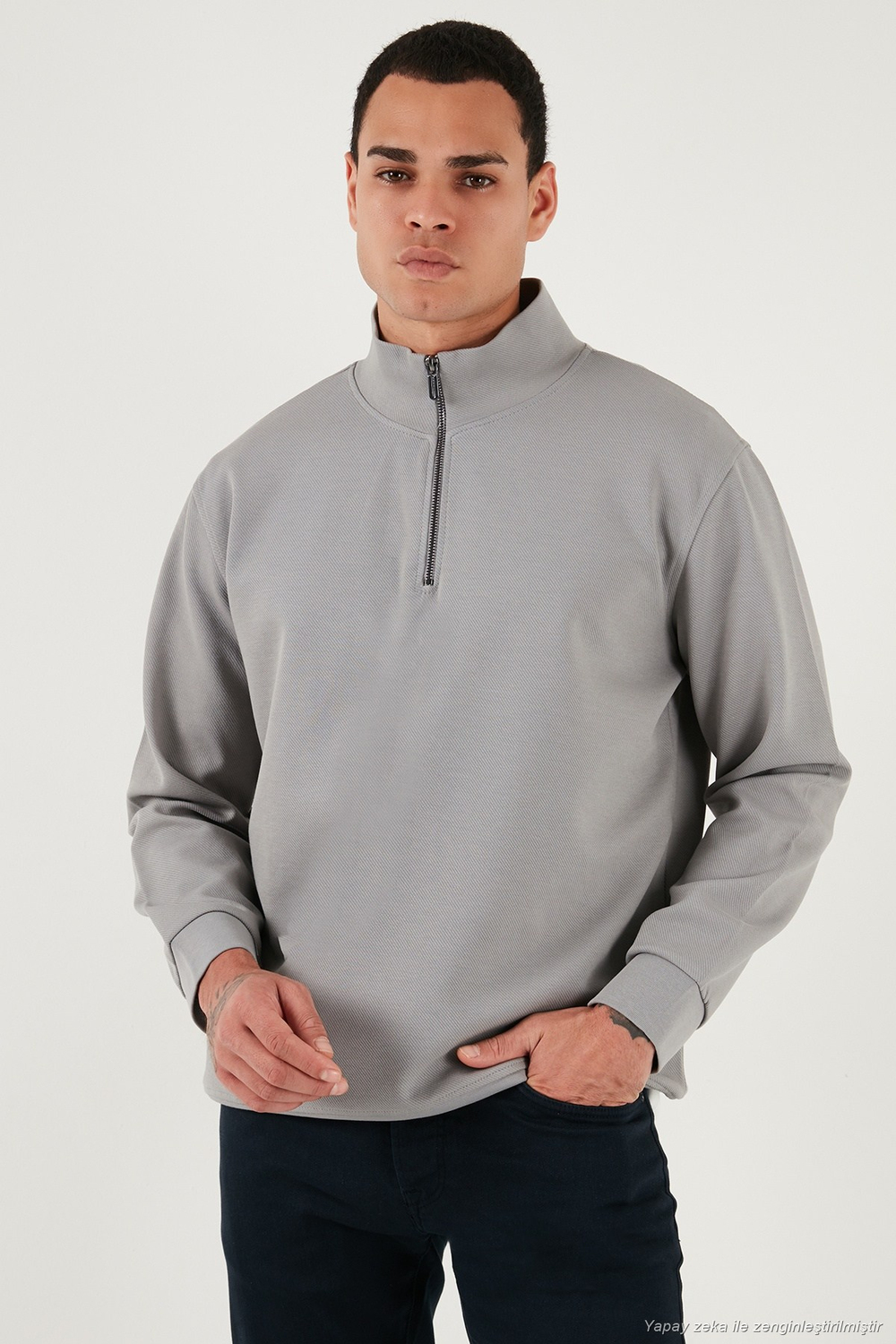 Pamuklu Regular Fit Yarım Fermuarlı Dik Yaka Erkek Sweat 5905470 GRİ