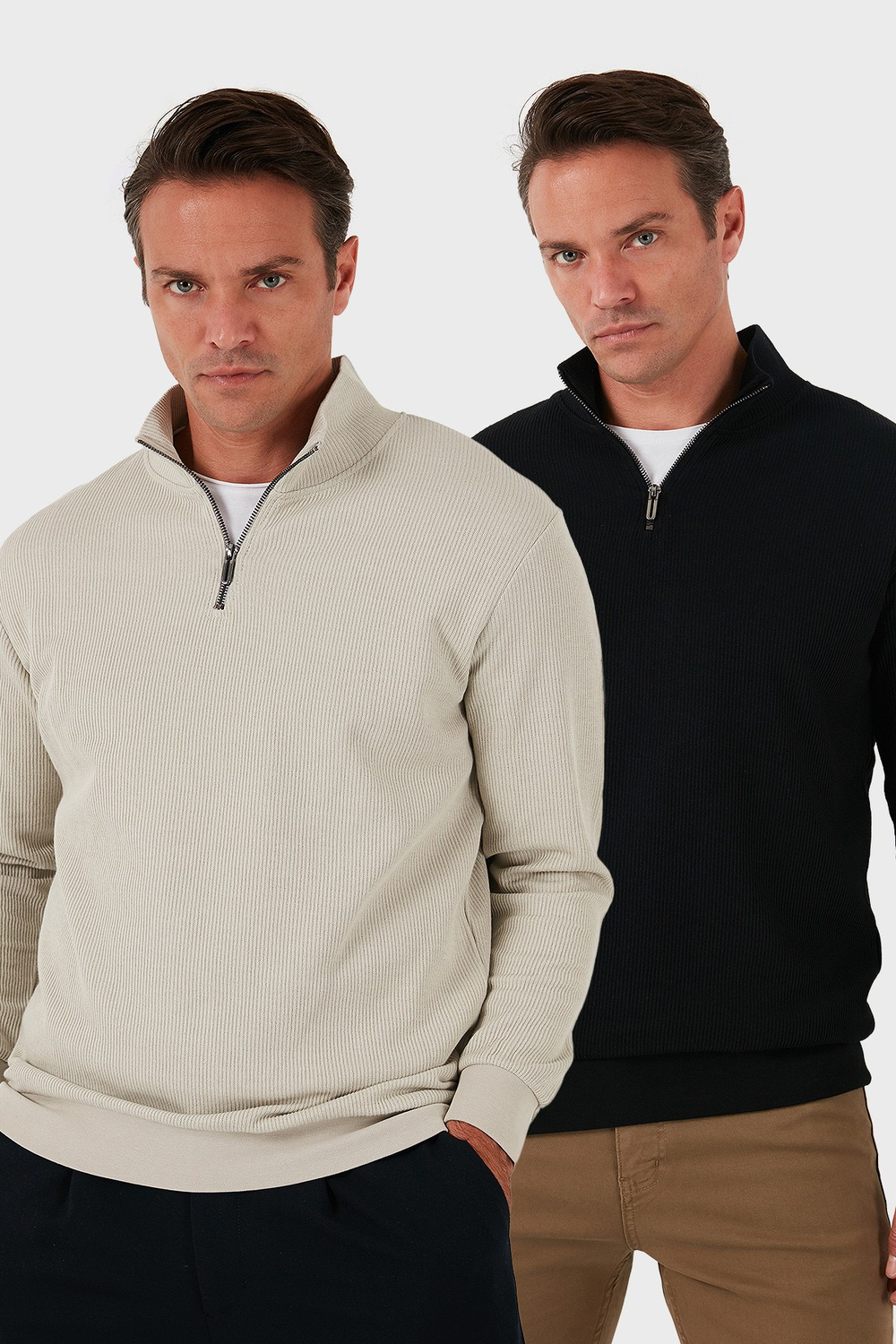 Pamuklu Regular Fit Yarım Fermuarlı Dik Yaka 2li Paket Erkek Sweat 5905716S2 SİYAH-TAŞ