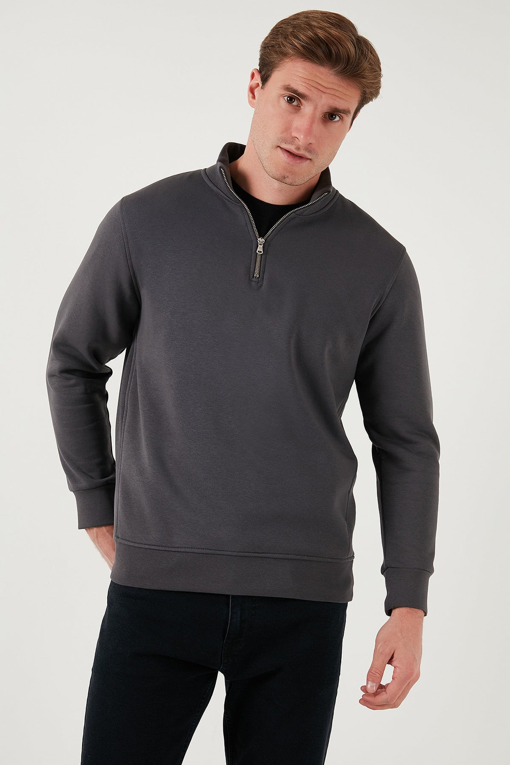 Pamuklu Regular Fit Yarım Fermuarlı Dik Yaka Şardonlu Erkek Sweat 59052592 ANTRASİT