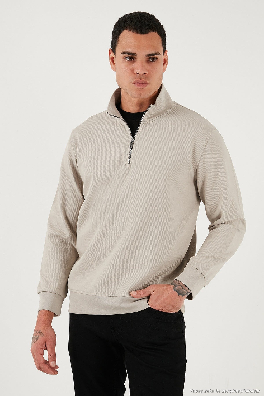 Pamuklu Regular Fit Yarım Fermuarlı Dik Yaka Erkek Sweat 5905470 TAŞ
