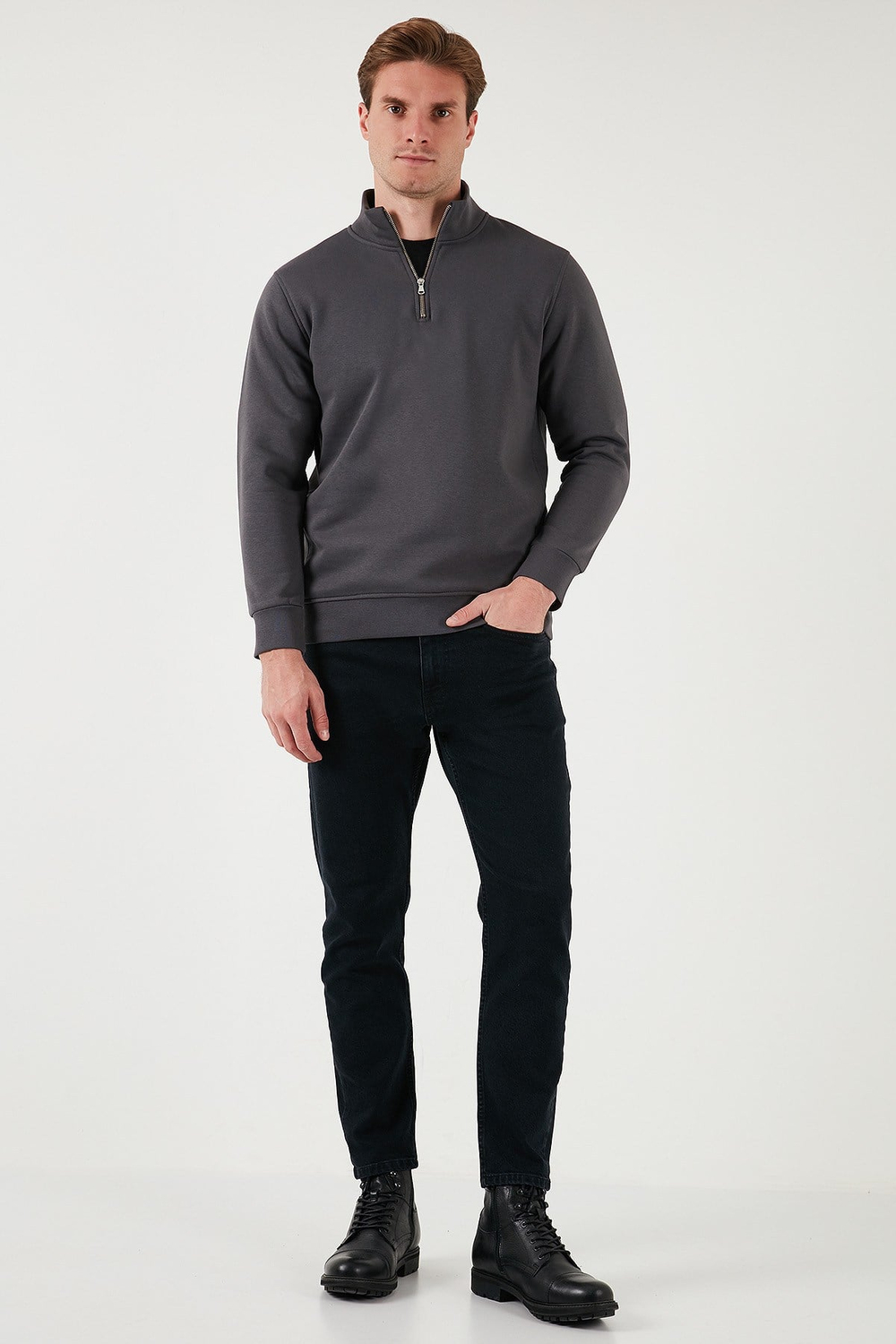 Pamuklu Regular Fit Yarım Fermuarlı Dik Yaka Şardonlu Erkek Sweat 59052592 ANTRASİT
